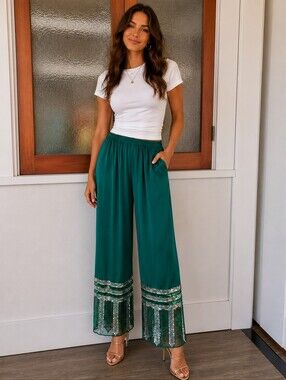 Green Indian Dress Pants With Sequin Hem | Sheer Overlay | 100% Silk